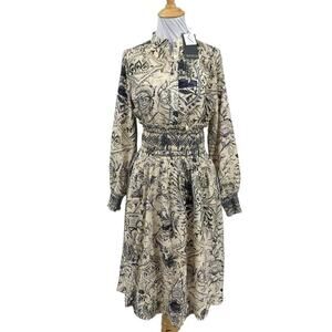 Novella Dress Womens L Large Bose Floral Print Smocked Waist Half Button Midi